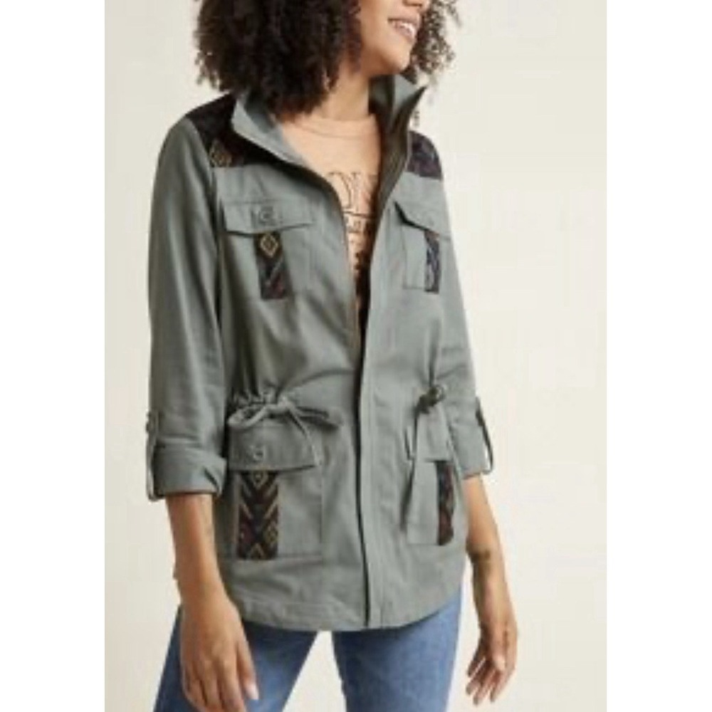Military-style Zip Cinch Waist Jacket W/Southwestern Embroidery Sz S Boho
